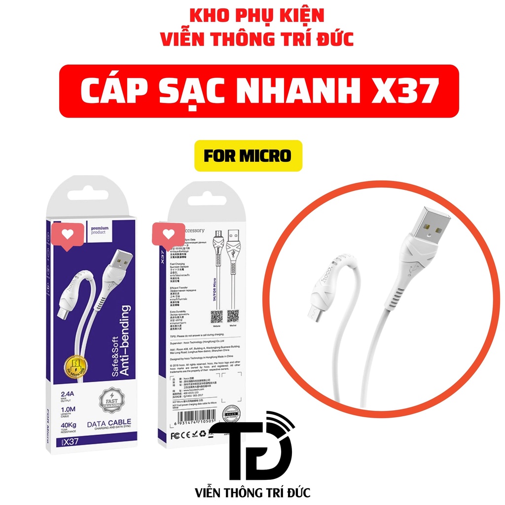 Cáp Sạc Nhanh X37 Chống Rối Sạc Full Dòng Smartphone - Dây Truyền Tải Dữ Liệu Dài 1M - Chính Hãng
