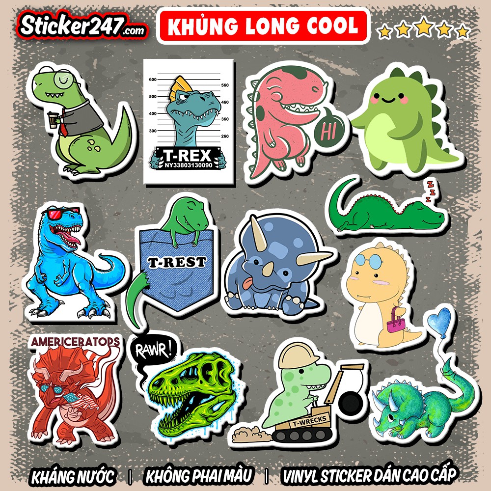 Sticker Khủng Long Cute, Cool ngầu 𝑭𝒓𝒆𝒆𝒔𝒉𝒊𝒑 chống nước dán laptop, điện thoại, guitar, dán mũ bảo hiểm, vali...