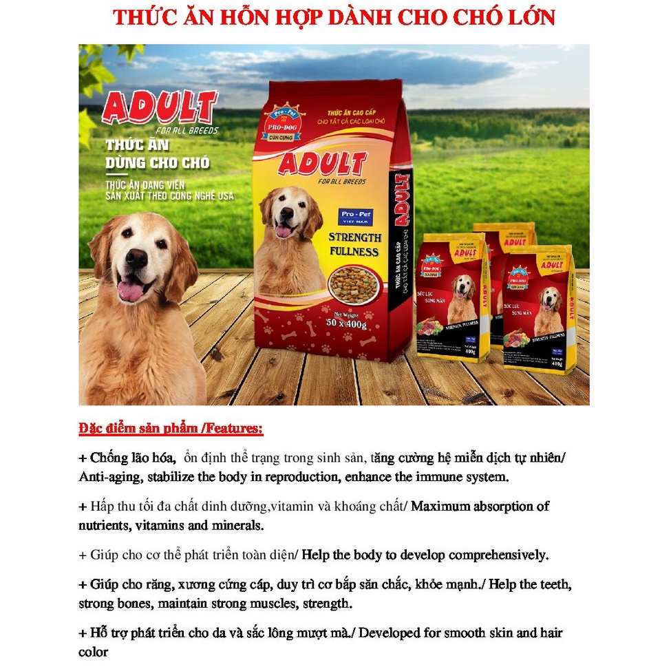 5 Gói Thức ăn hạt cho Chó trưởng thành PRO-DOG ADULT Gói 400g Xuất xứ Pro-Pet Việt Nam Dinh dưỡng hoàn chỉnh cho Chó