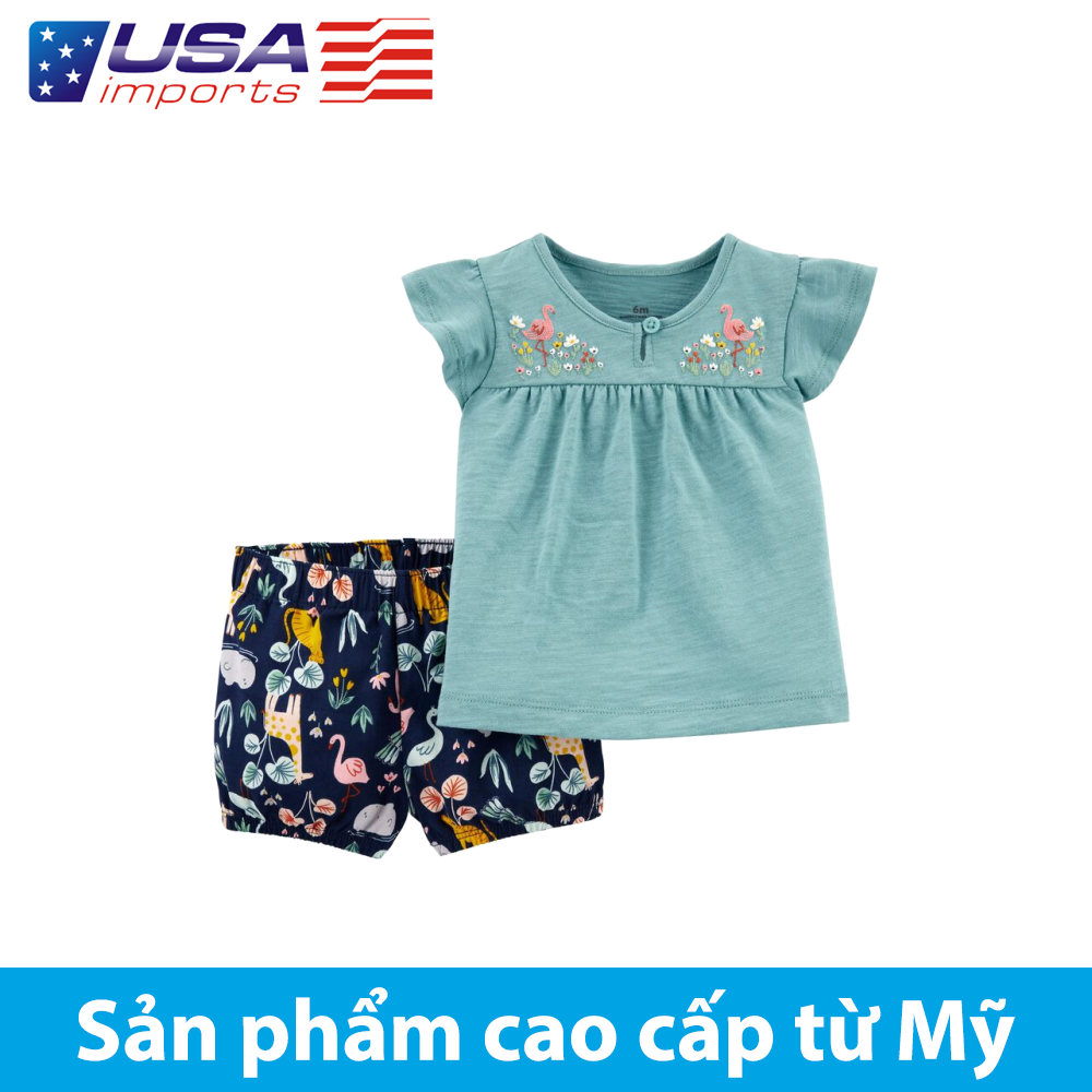 Set áo thêu hình hạc kèm quần short hoạ tiết Car-tờ Auth Từ Mỹ (1K385410)