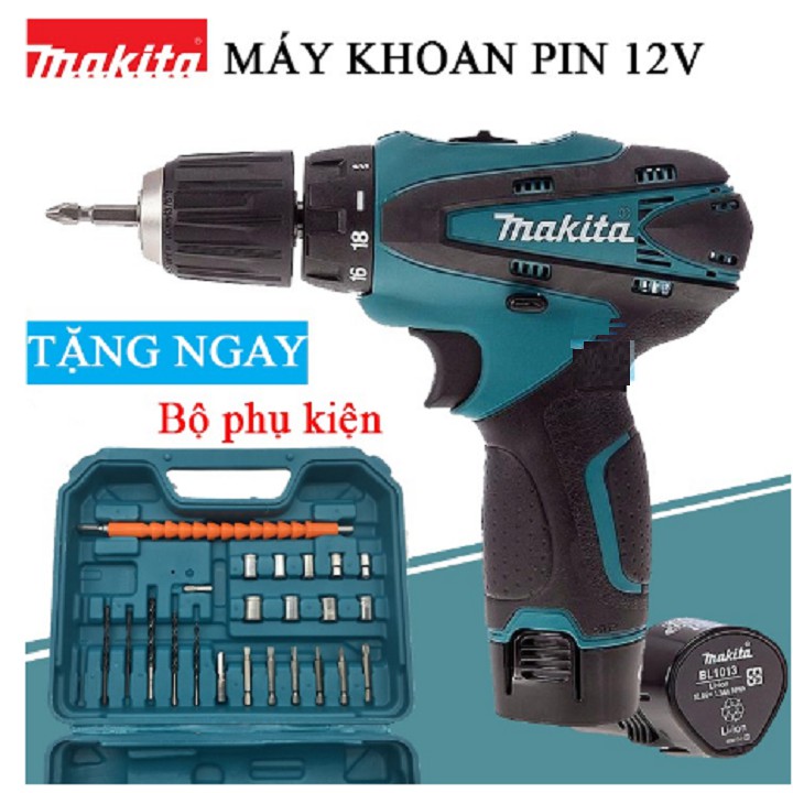 Máy khoan pin có BÚA MAKITA 12v. (kèm 2pin và  bộ phụ kiện)