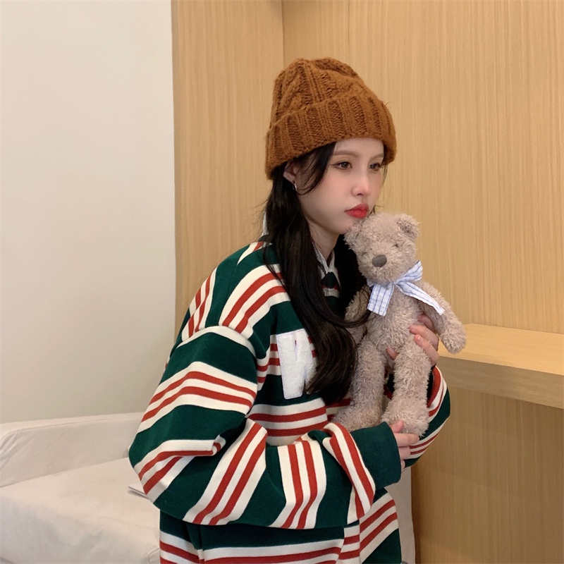 ZHELIHANGFEI Áo Thun POLO Tay Dài Cổ Tròn Họa Tiết Kẻ Sọc Thời Trang Dễ Phối Đồ Cho Nữ