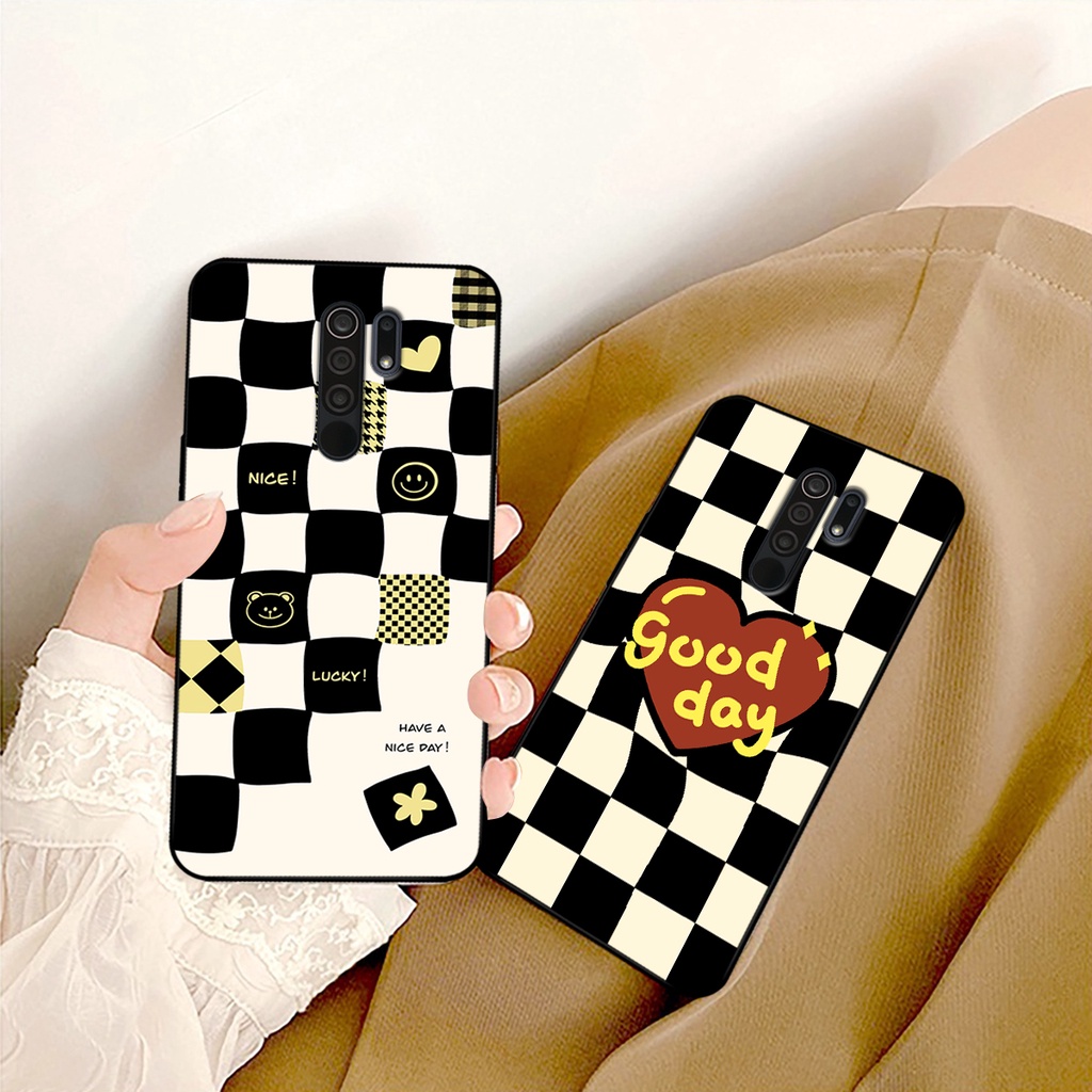 Ốp lưng Xiaomi Redmi 9 in hoạ tiết caro trái tim đen trắng, gấu bear cute đáng yêu