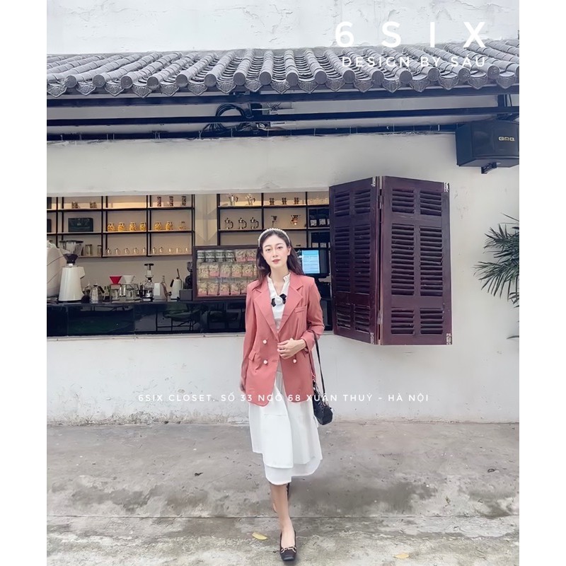 Áo Blazer nữ màu hồng đất cúc ngọc thời trang công sở 6SIX closet