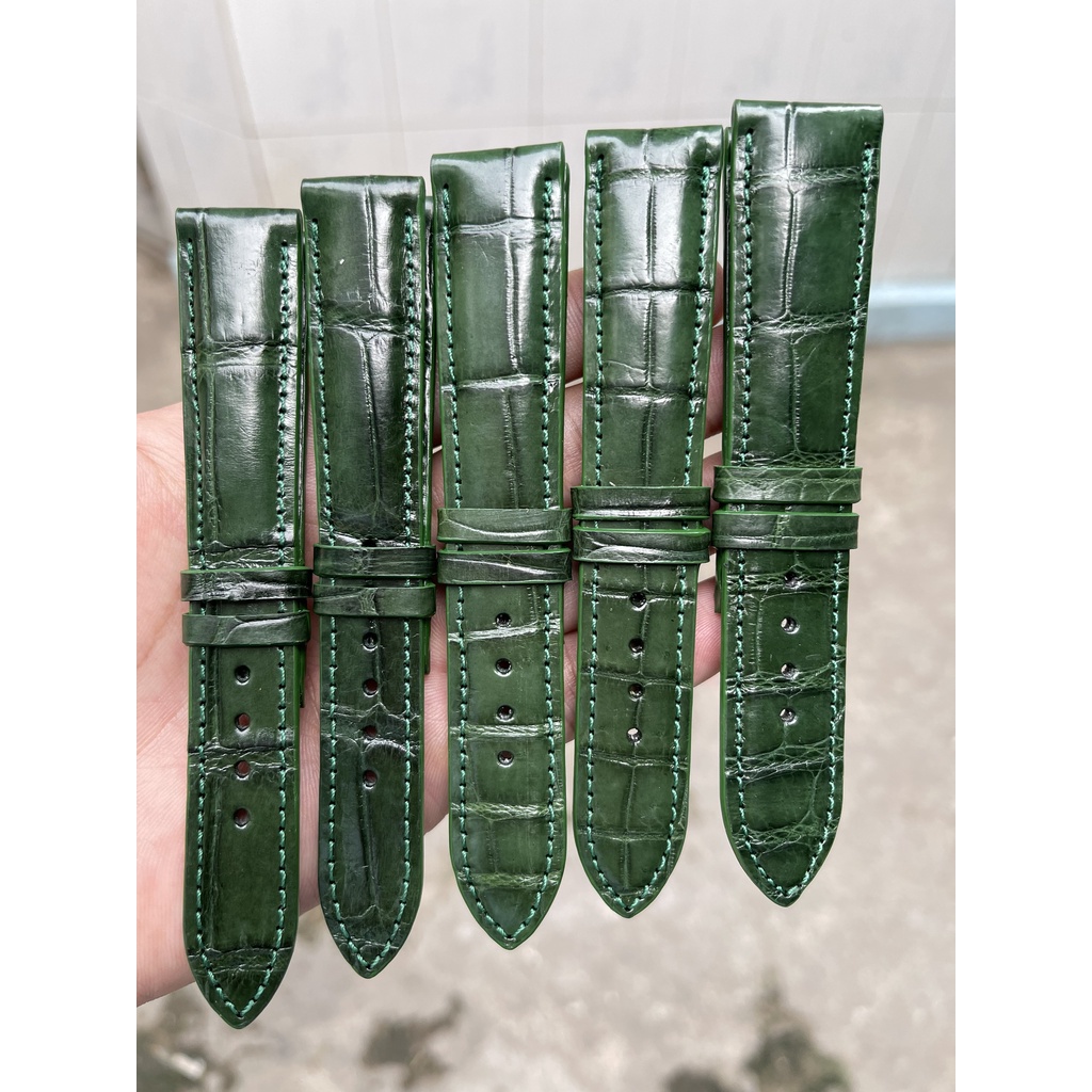 Dây Đồng Hồ Da Cá Sấu Thật Giá Rẻ Vân Đốt Tre, Màu Xanh Lá Size 18mm, 20mm, 22mm