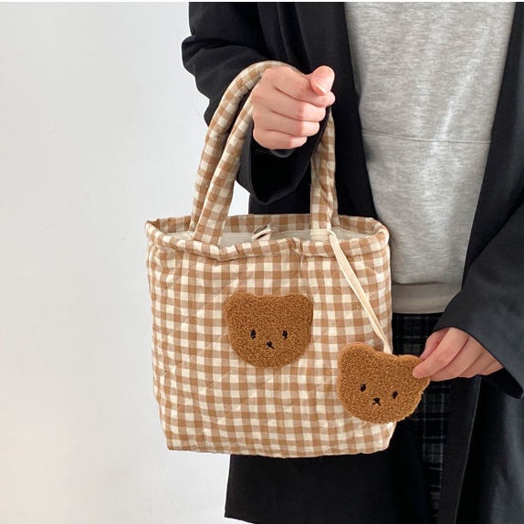 Cute bear handbag mother bag women's autumn and winter all-match large capacity shoulder bag plaid tote bag mother bag