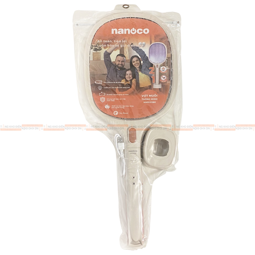 Vợt muỗi thông minh 2 in 1 Nanoco NMR103BE, pin Lithium kèm đế sạc
