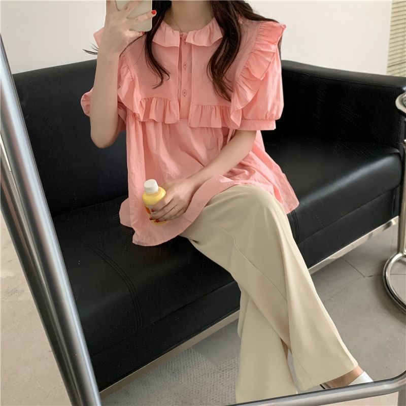 Áo Sơ Mi Cổ Búp Bê Tay Phồng Dáng Rộng Màu Trơn Phong Cách Hàn Quốc Mới