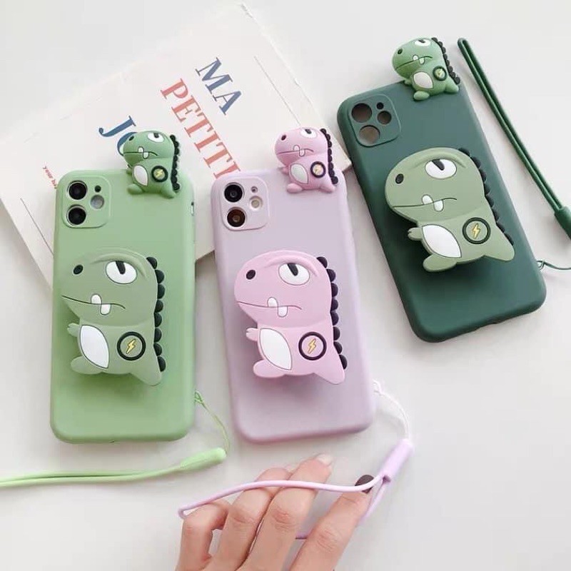 Ốp Iphone - Ốp Thú Leo Khủng Long Kèm Pop Gương Và Dây