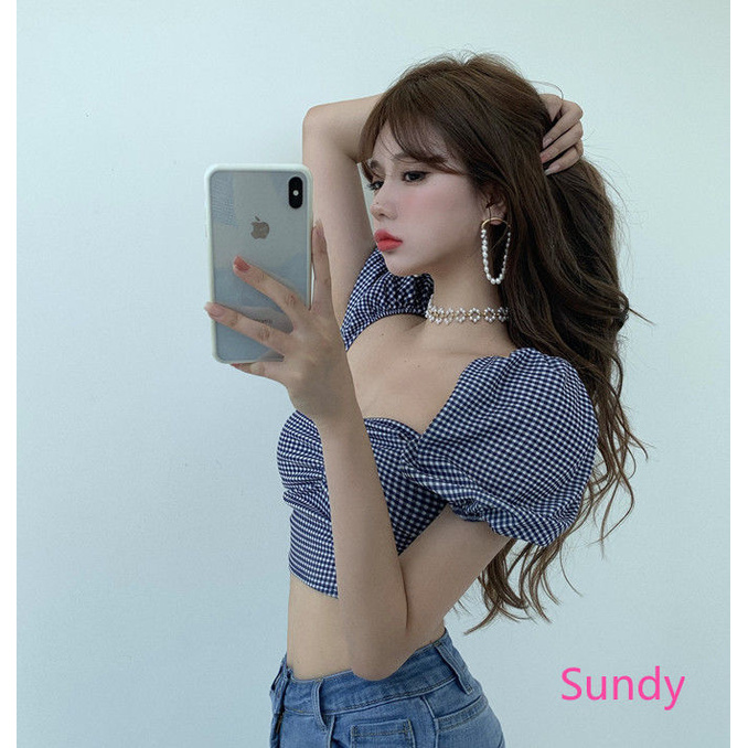 Áo Croptop Tay Ngắn Cổ Vuông Họa Tiết Sọc Caro Thời Trang Mùa Hè Cho Nữ