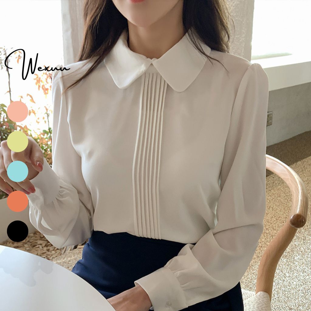 Áo sơ mi nữ trắng công sở Wexuu Design áo dài tay nẹp xếp ly chất lụa hàn mềm mịn- SP27