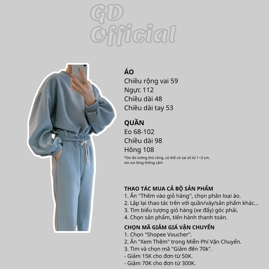N10|Set bộ nỉ bông nữ áo hoodie cổ tròn dài tay dáng croptop, quần cạp lưng cao thun bo chân xám, xanh, trắng GD Officia