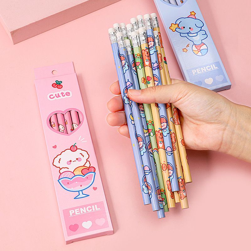 Set 6 bút viết chì HB vỏ in hình thú, động vật cute nhiều màu sắc