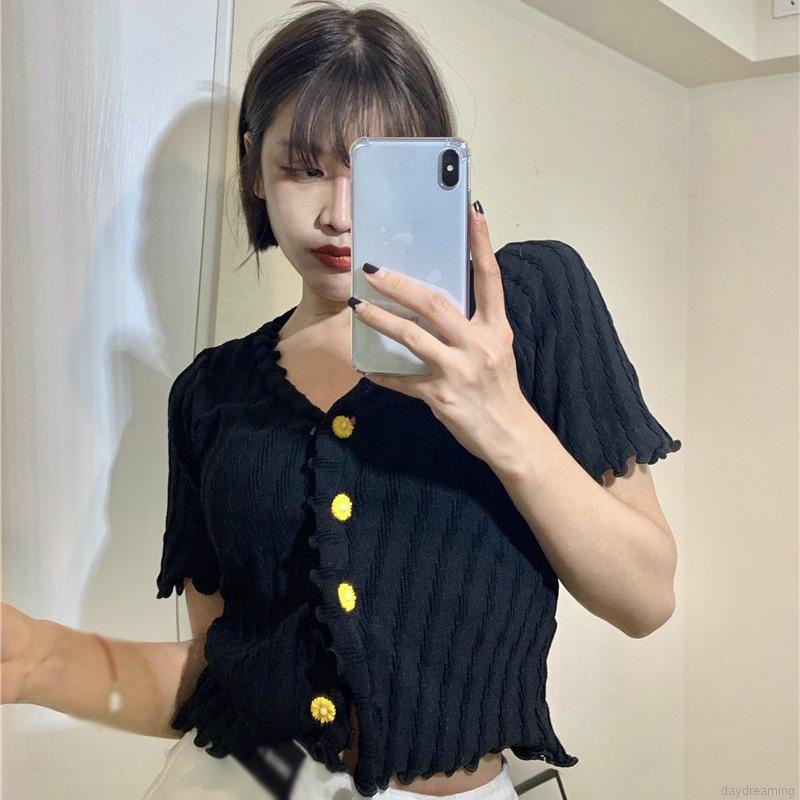 Áo Thun Croptop Dệt Kim Tay Ngắn Cổ Chữ V Màu Trơn Cho Nữ