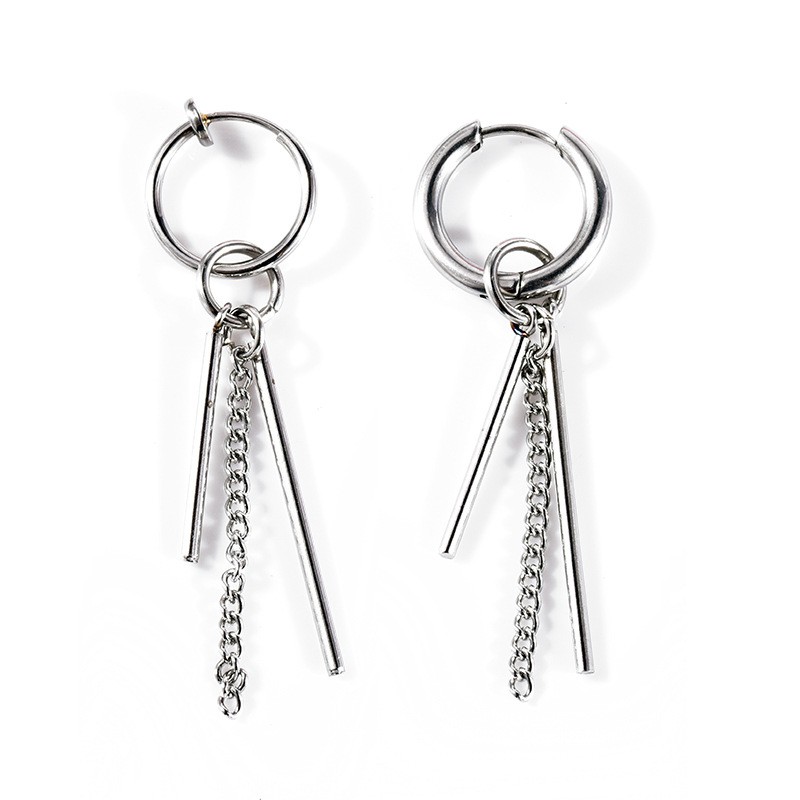 Khuyên tai nam titan thả xích kèm thanh xỏ lỗ-kẹp vành