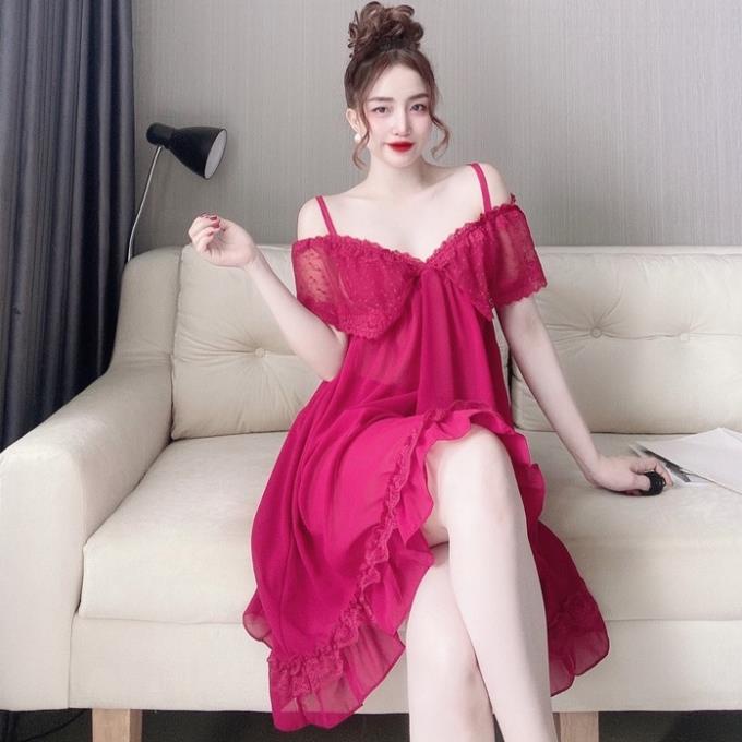 Váy ngủ sexy nữ SOJUN Váy ngủ chiffon bẹt vai + quần &lt;70kg