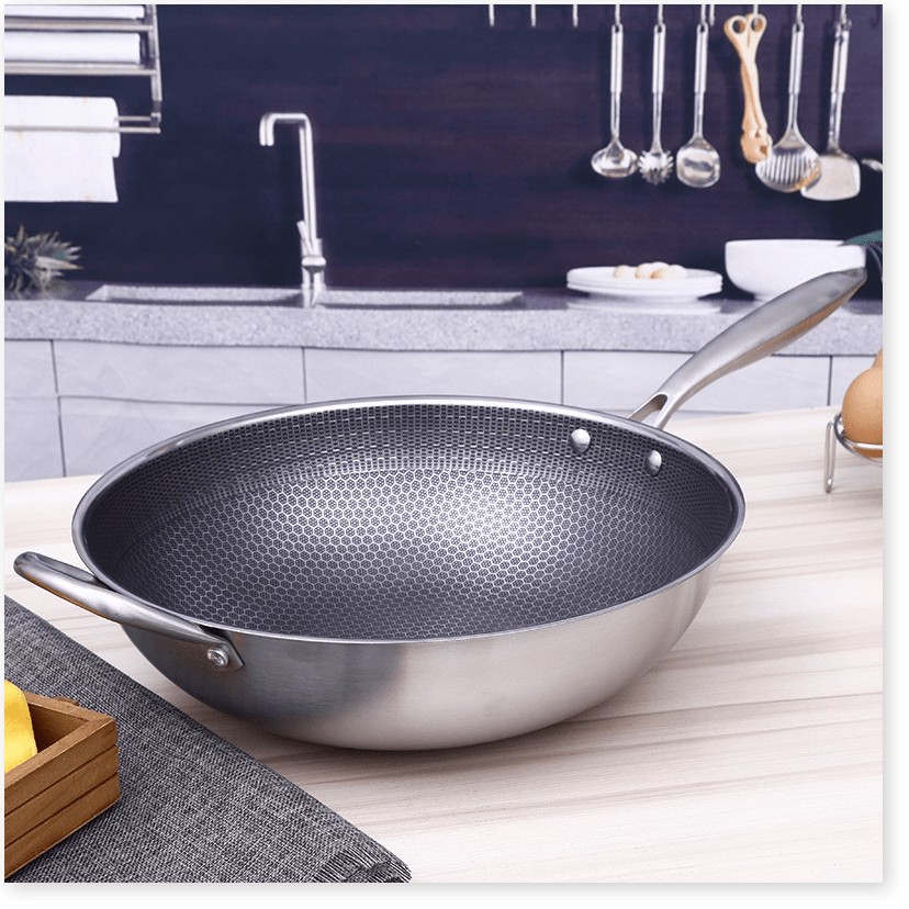 Chảo tổ ong siêu chống dính 𝑭𝑹𝑬𝑬𝑺𝑯𝑰𝑷 Chảo inox 3 lớp, Sâu lòng, Cào không xước, Vân tổ ong 9568