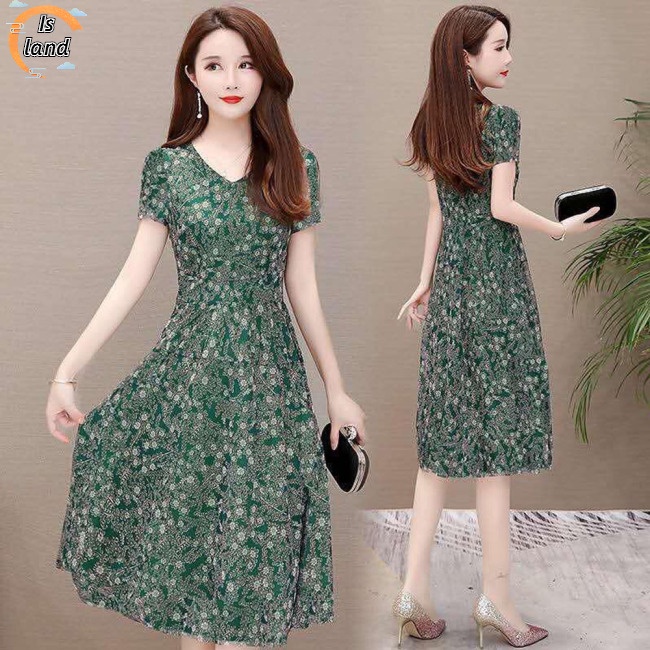 Đầm Chữ A Tay Ngắn Cổ Chữ V In Hoa Thời Trang Cho Nữ