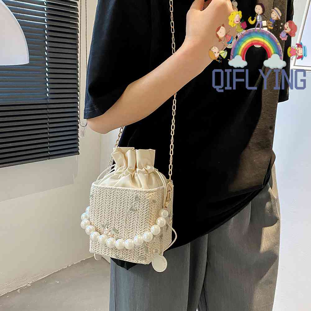 Túi Đeo Chéo Mini Dây Rút Đính Hoa Ngọc Trai Dành Cho Nữ