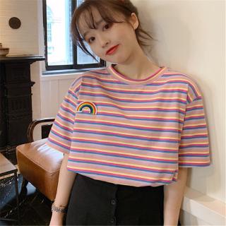 【HUAER】Áo thun tay ngắn cổ tròn phối sọc cầu vồng cho nữ