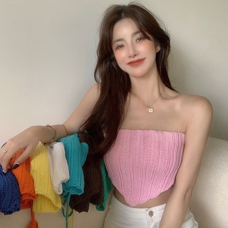 QADCOL  Áo ống ngắn dáng ôm thiết kế dây đan chéo thời trang quyến rũ cho nữ