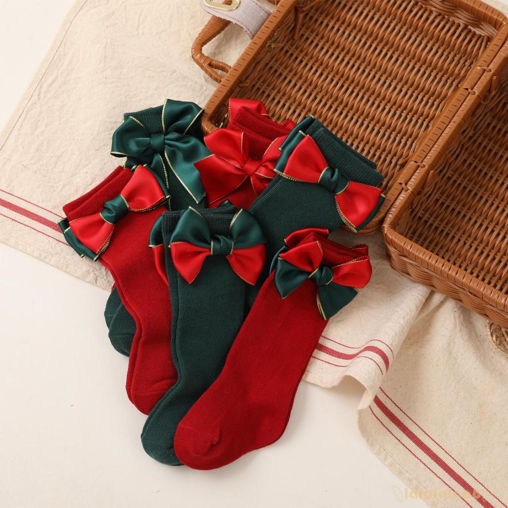 Set 2 đôi vớ dài trung bình đính nơ trang trí Giáng Sinh cho bé