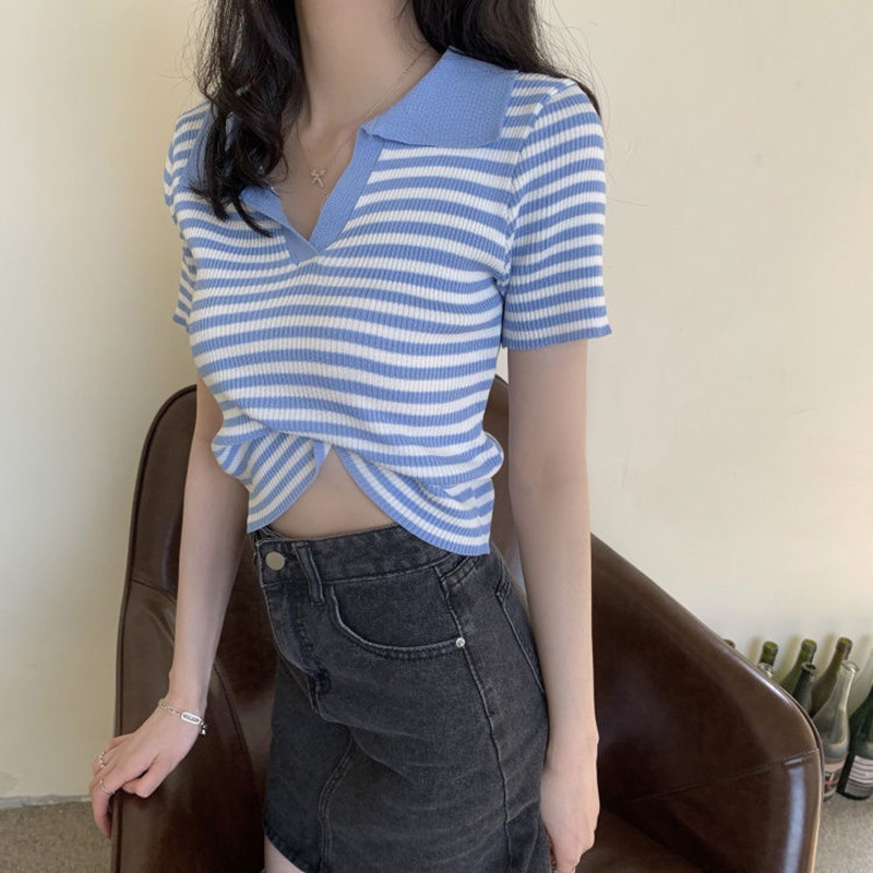 Áo thun IELGY dệt kim tay ngắn cổ polo họa tiết kẻ sọc phong cách Hàn Quốc thời trang cho nữ