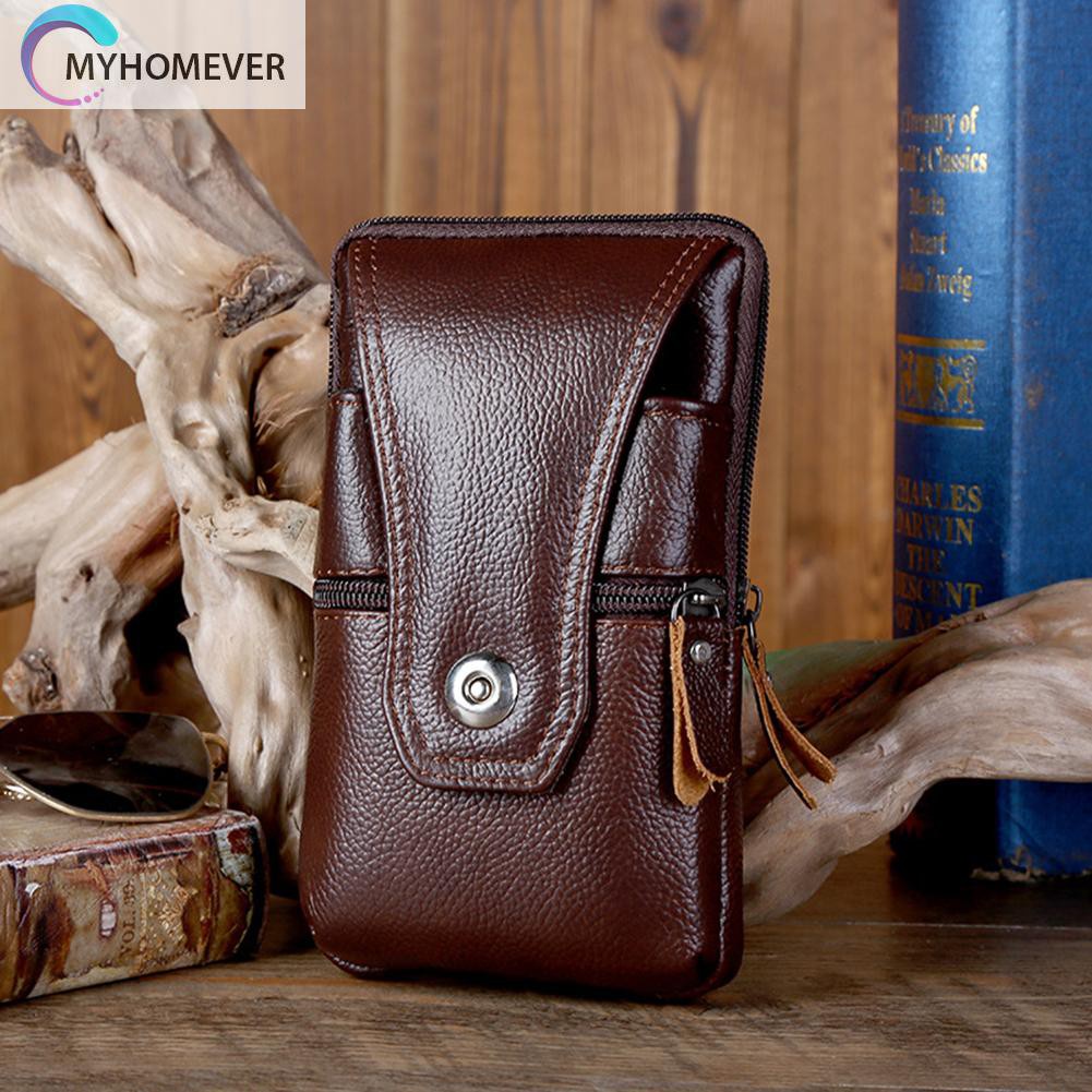 myhomever Men Genuine Leather Waist Bag Business Waterproof Phone Belt Bum Zip Pouch