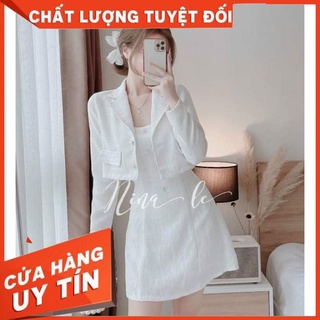 FREESHIP❣️SET ĐẦM DẠ HAI DÂY + KHOÁC DẠ CROPTOP