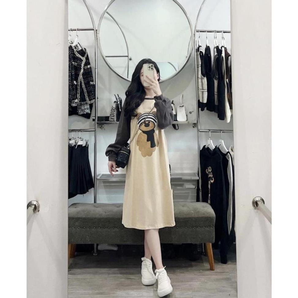 Đầm bầu suông thu đông dáng dài chất liệu cotton váy bầu in họa tiết hình gấu, Váy gấu dài tay cực xinh