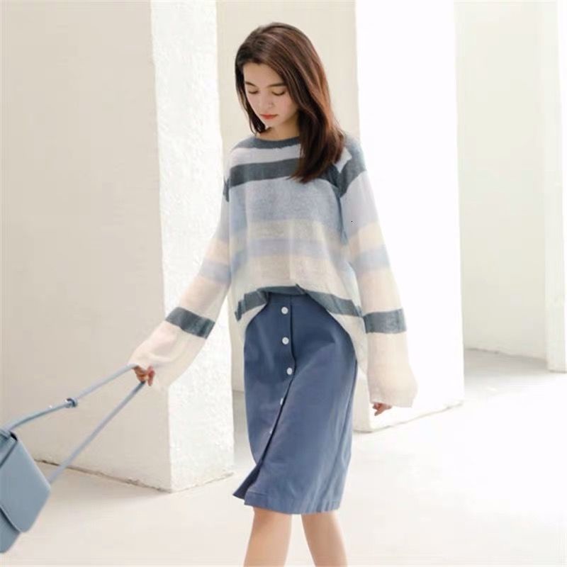 Áo Sweater Tay Dài Cổ Tròn Họa Tiết Kẻ Sọc Phong Cách Hàn Quốc