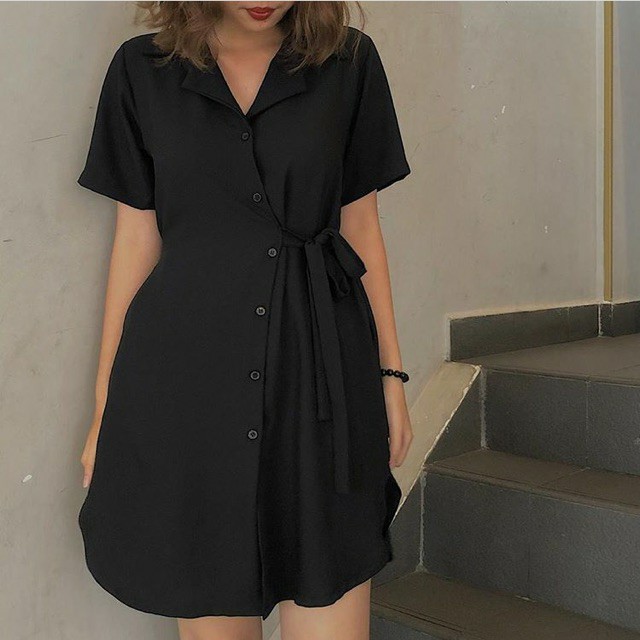 Đầm đen Hebe Dress cổ trụ ngắn tay - Freesize - Pink moon store