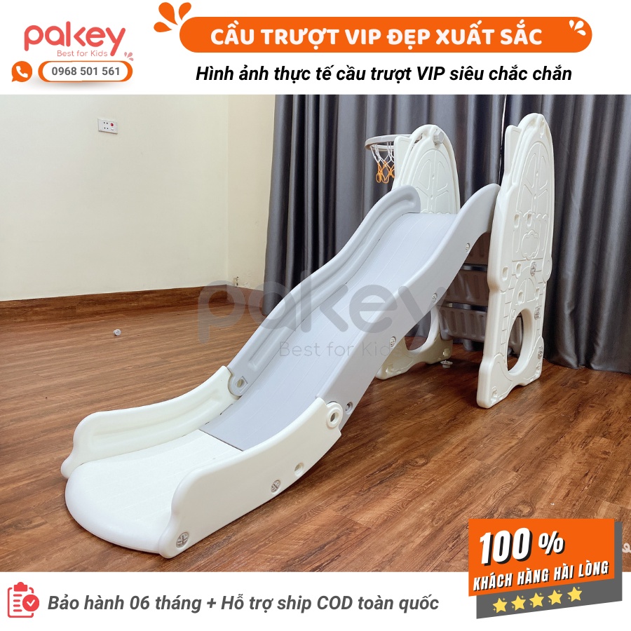 Cầu trượt trẻ em Pakey VIP DÀI 2M1 màu tắng, TẶNG KÈM BÓNG RỔ, cầu trượt cho bé nhựa nguyên sinh