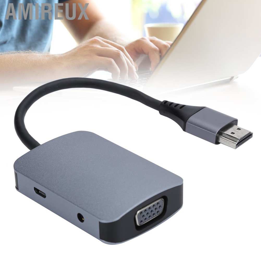 Amireux Portable 4 In 1 HDMI Converter to HDMI+VGA+Micro USB+3.5mm Audio Adapter Docking Station