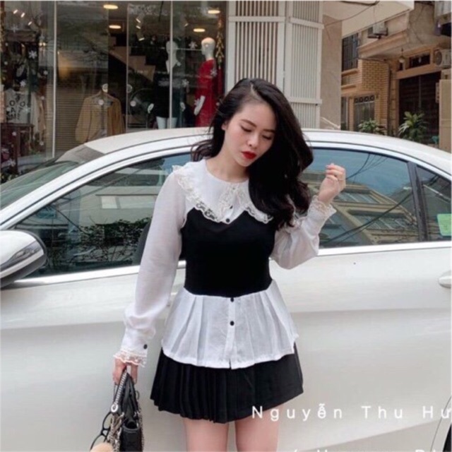 ÁO SƠ MI PHỐI MÀU CỔ TAY VIỀN REN CỔ BÈO TIỂU THƯ 🌿