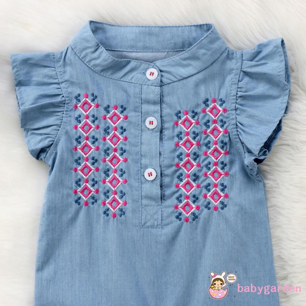 Bộ Áo Liền Quần Cổ Tròn Không Tay Thêu Họa Tiết Phối Bèo Thoáng Khí Cho Bé Gái 0-2 Tuổi