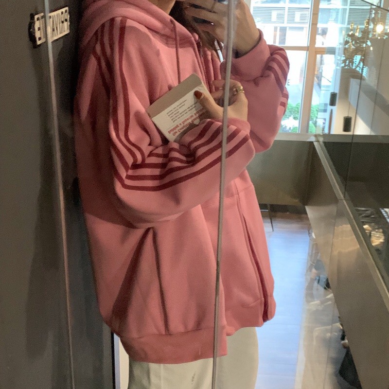 Áo Khoác Nỉ Hồng 4 Sọc Nữ ⚡ Casper.Store | FREESHIP | ⚡ Hoodie kẻ sọc tay mùa đông form rộng, thiết kế đơn giản