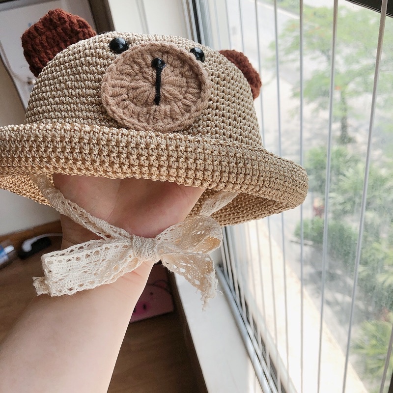 Mũ cói bé trai - mũ cói gấu - mũ handmade cho bé trai ( có size)
