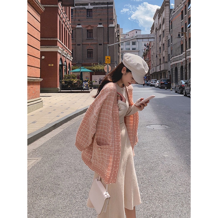 Áo khoác cardigan lông thỏ dệt kim dáng rộng hoạ tiết caro áo len nữ phong cách Hàn Quốc Her Vibe