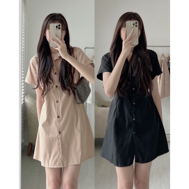 V729 Váy sơ mi AUDREY cài cúc chiết eo lưng chun ngắn tay nhiều màu dáng basic Hàn Quốc
