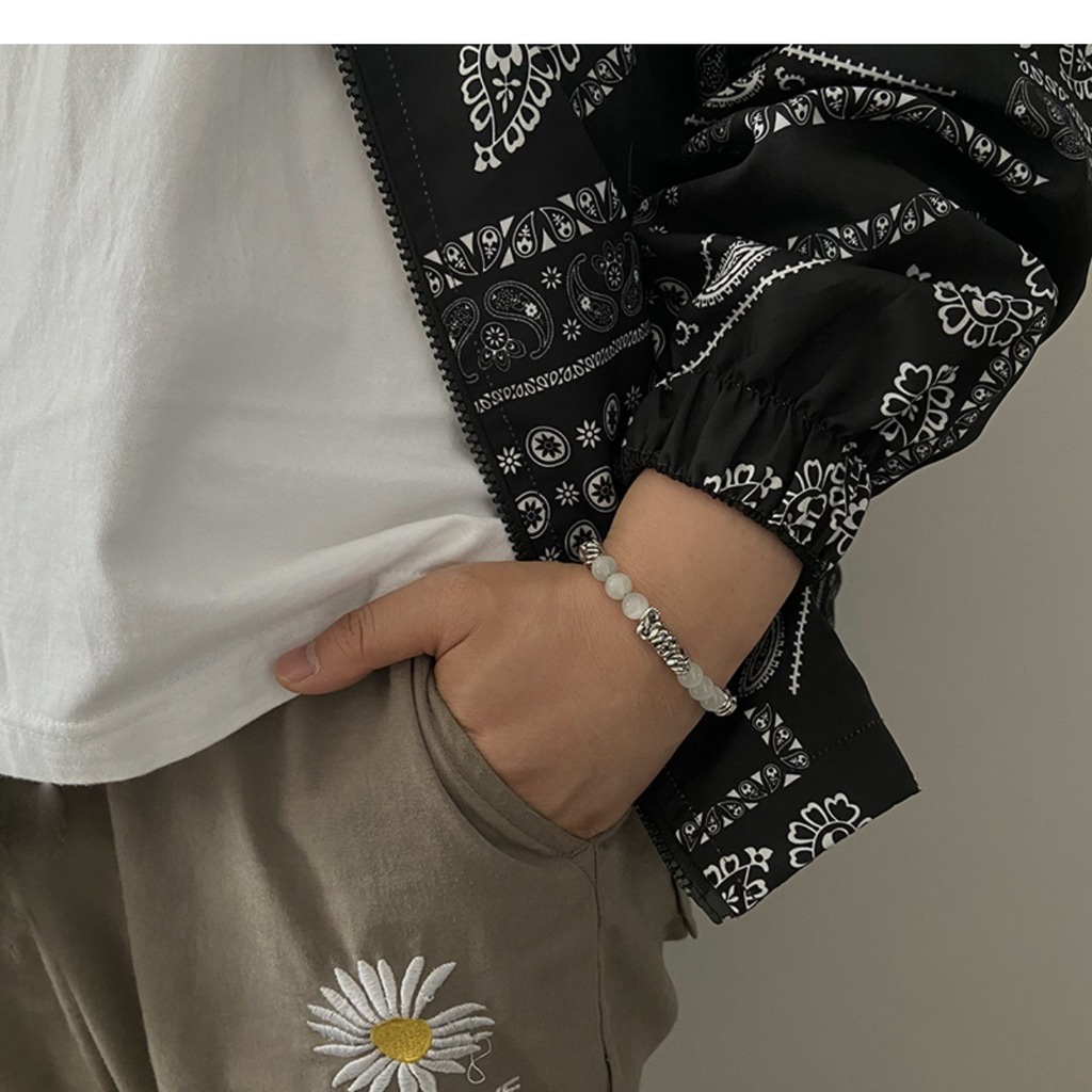 Vòng Đeo Tay Bằng Thép Titan Phối Đá Opal Phong Cách hip hop Thời Trang Cho Nam Và Nữ