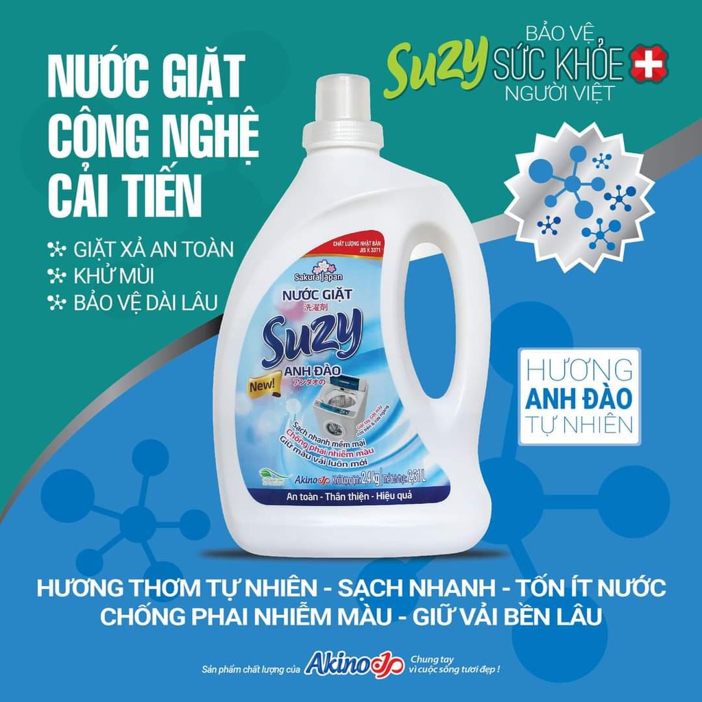 Nước giặt xả Suzy Anh Đào Plus 2,4kg 5 trong 1 Nhật Bản, thành phần hữu cơ, an toàn cho e bé.