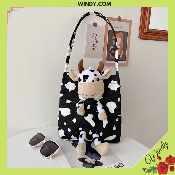Túi bò sữa đeo vai đi học cực xinh tặng kèm gấu bông bò sữa