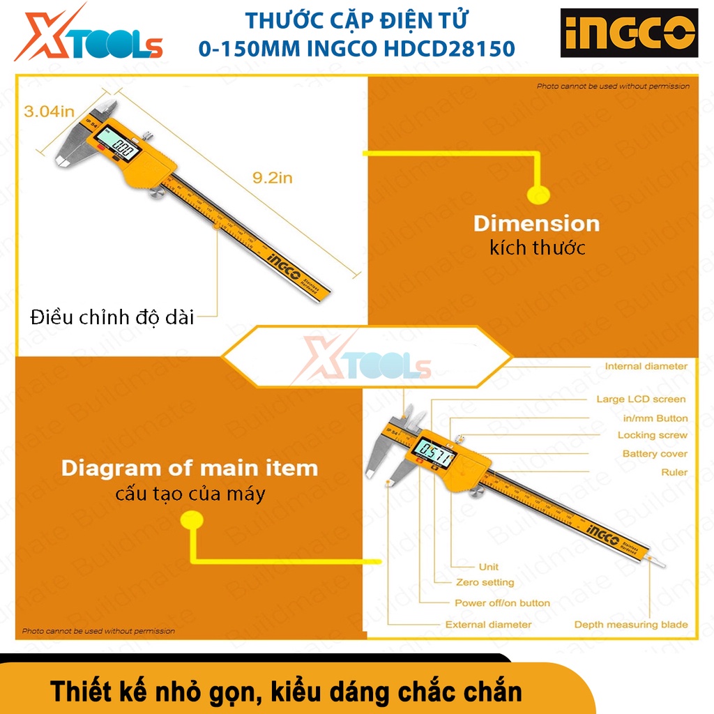 Thước cặp điện tử 0-150mm Ingco HDCD28150 khả năng chuyển đổi hệ mét / inch, phạm vi đo 0-150mm