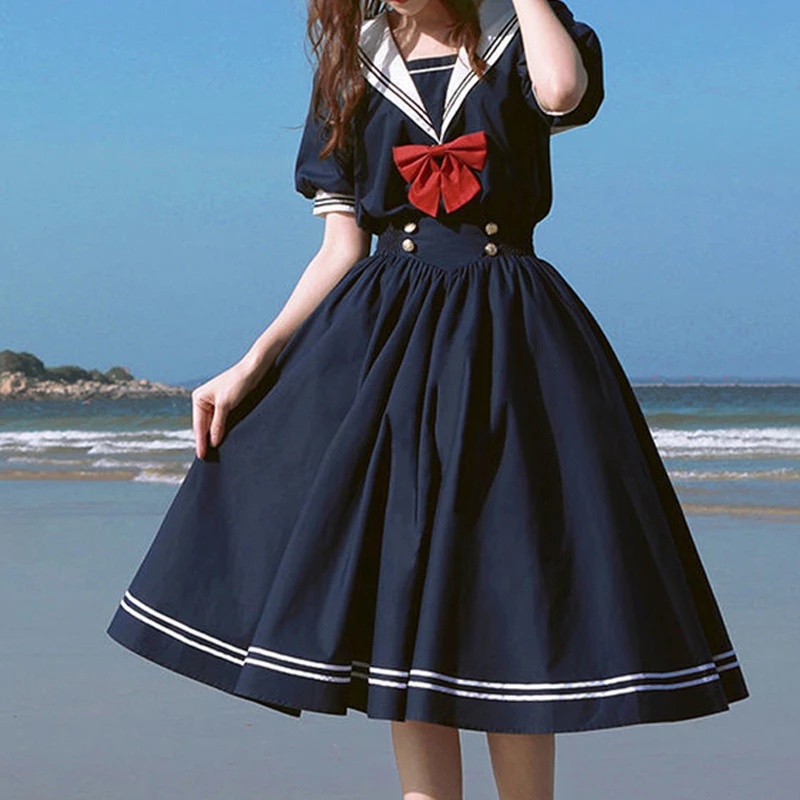 Đầm Nữ Ngắn Tay Cổ Thủy Thủ Phong Cách lolita Nhật Bản Đáng Yêu