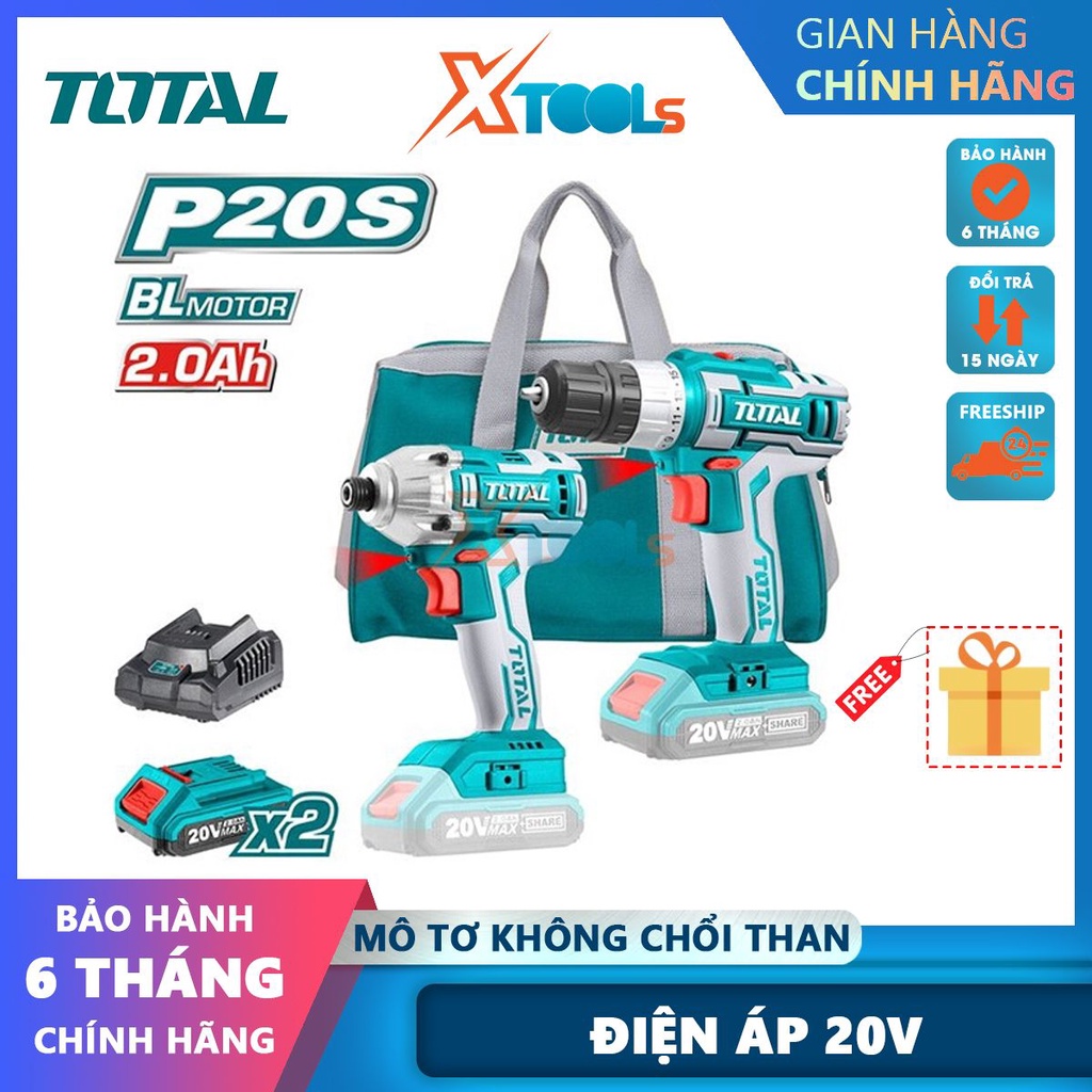 Bộ combo máy khoan pin và máy bắn vít dùng pin motor không chổi than 20V TOTAL TCKLI2006 kèm 2 pin 2A-CHÍNH HÃNG-XTOOLS