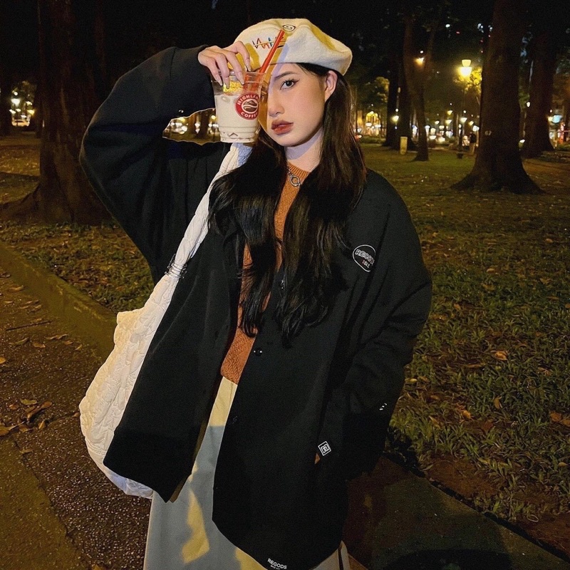 Áo khoác cardigan nỉ ngoại thêu logo Recose Unisex  Khoát form rộng tay phồng kiểu dáng hàn quốc Jolie