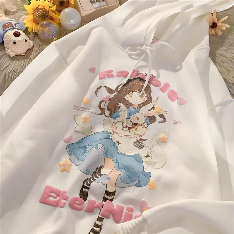 Áo hoodie dáng rộng in họa tiết phong cách lolita cá tính cho nam nữ