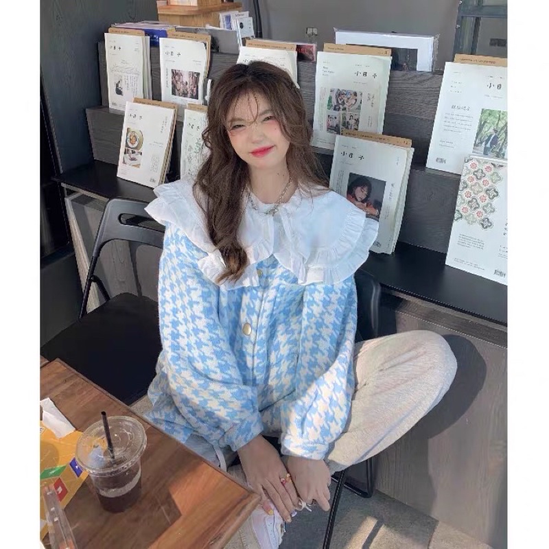 Áo khoác dạ zic zắc cổ sen xanh pastel siêu hot💙💙💙