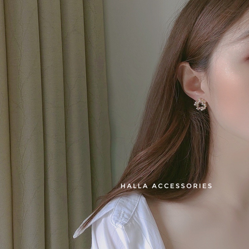 Khuyên tai chuôi bạc S925 Hình hoa nguyệt quế đính đá cao cấp HALLA BT142